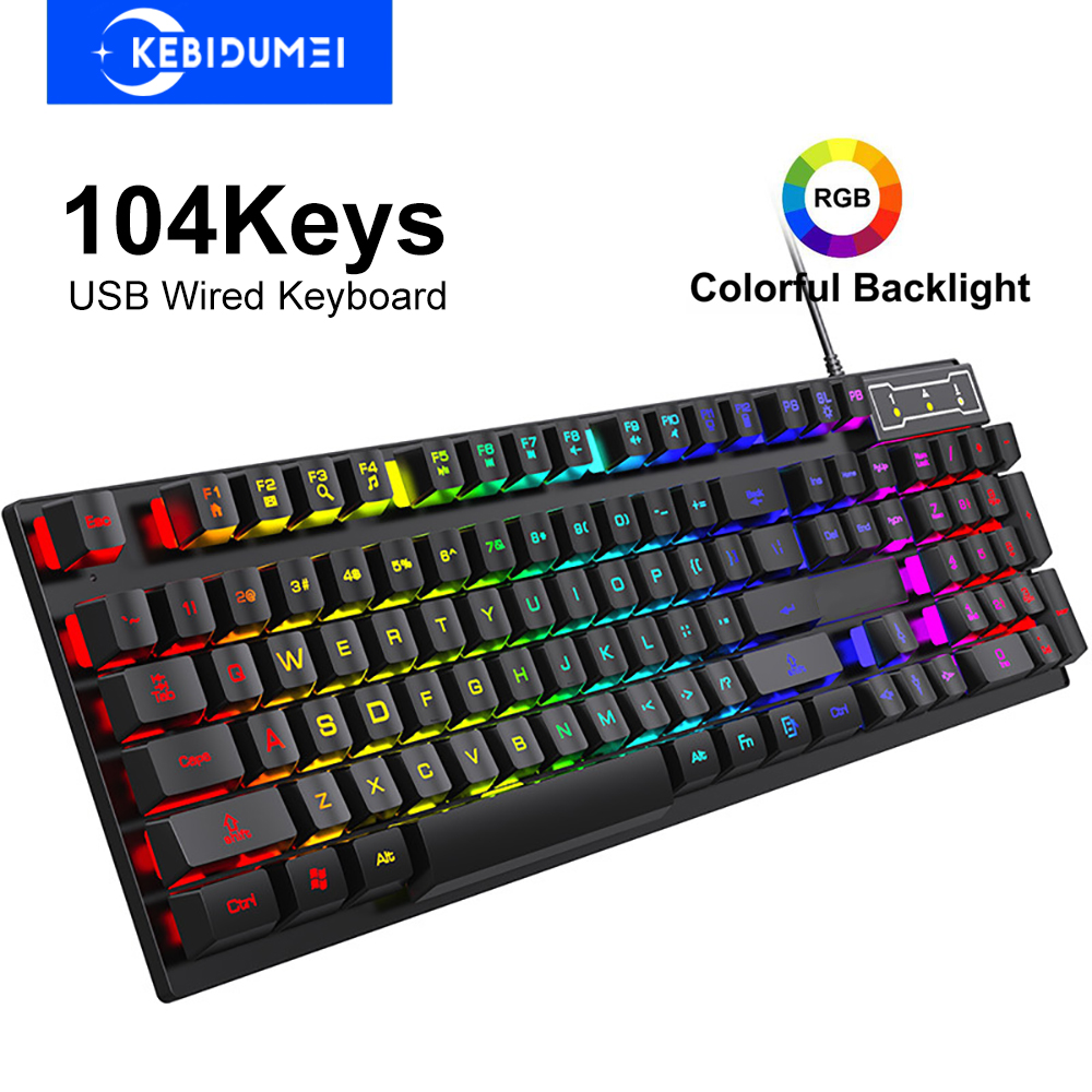 Gaming Keyboard Budget - 104 คีย์คีย์บอร์ดแบบมีสาย RGB คีย์บอร์ดสำหรับเล่นเกมสีสันสดใสคีย์บอร์ดแบบสัมผัสเชิงกลคีย์บอร์ดมาตรฐานสำหรับคอมพิวเตอร์แล็ปท็อปวินโดวส์