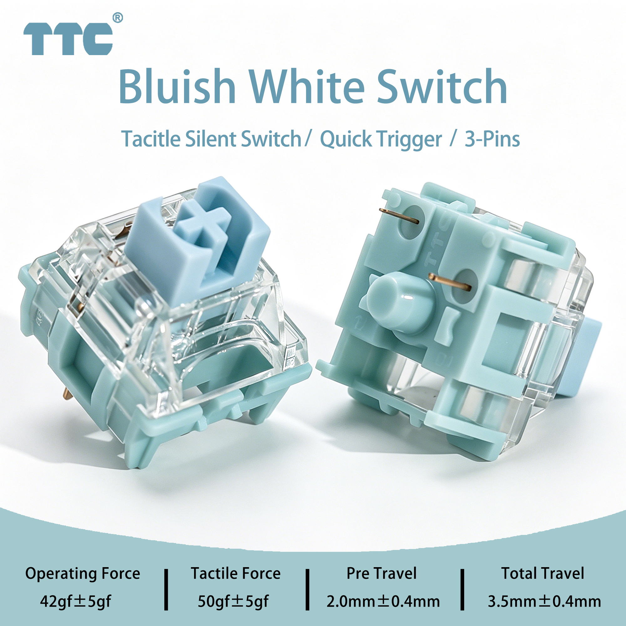 Gaming Keyboard Ergo - สวิตช์เงียบ TTC สีขาวอมฟ้า 42gf สวิตช์แบบสัมผัสเนียน MX
