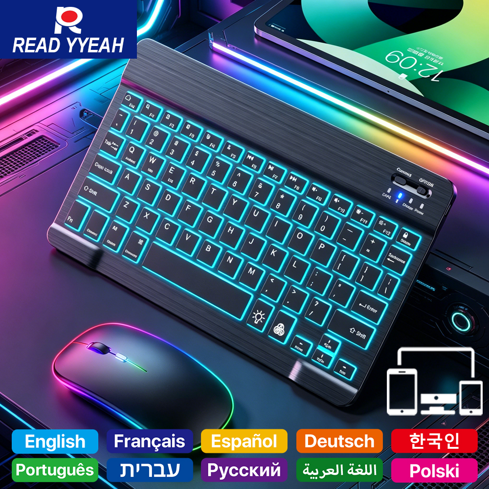 Gaming Keyboard Mouse Wireless - READ YYEAH RGB คีย์บอร์ดบลูทูธแบบมีไฟแบ็คไลท์ คอมโบเมาส์ คีย์บอร์ดไร้สายแบบชาร์จได้หลายภาษาสำหรับแท็บเล็ตแล็ปท็อปพีซีเกมมิ่ง