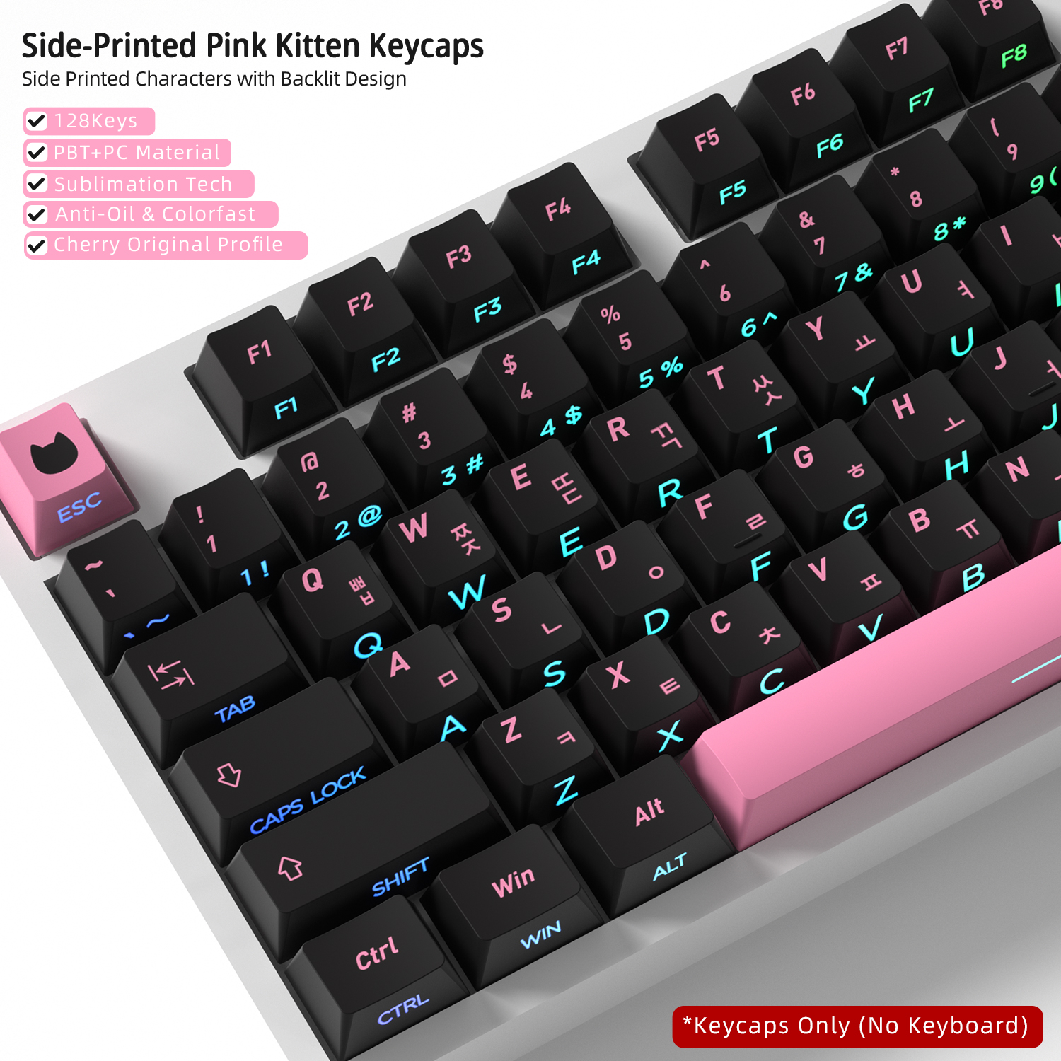 Keyboard Gaming Black - คีย์แคปเกาหลีลายแมวสีดำชมพู พิมพ์ด้านข้าง โปร่งแสง โปรไฟล์เชอร์รี่ สำหรับคีย์บอร์ดเกมมิ่งแบบกลไก 60