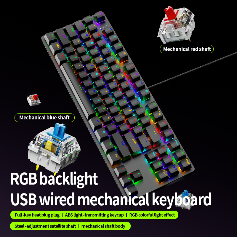 Keyboard Gaming Blue Switch - AK87 คีย์บอร์ดเกมมิ่งแบบกลไกที่สามารถเปลี่ยนได้, ไฟ RGB แบ็คไลท์แบบ USB,