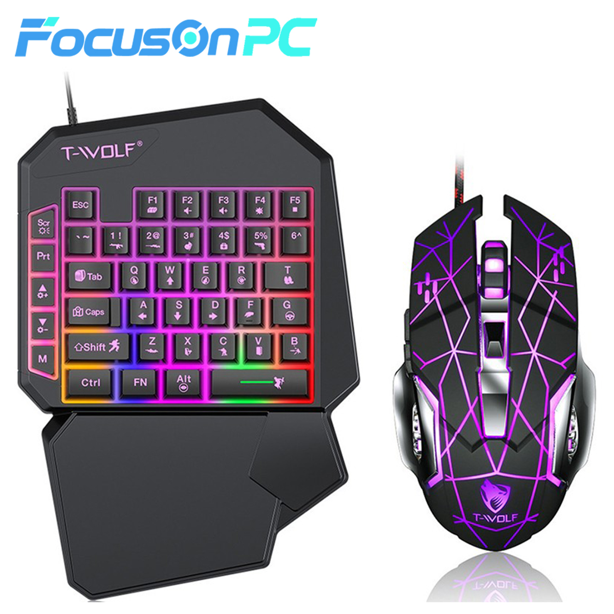 Gaming Keyboard 1 Hand - FocusOnPC TF900 ชุดแปลงสัญญาณเกมมือถือ 2-in-1, ชุดคีย์บอร์ดและเมาส์แบบมือเดียวสำหรับ PUBG