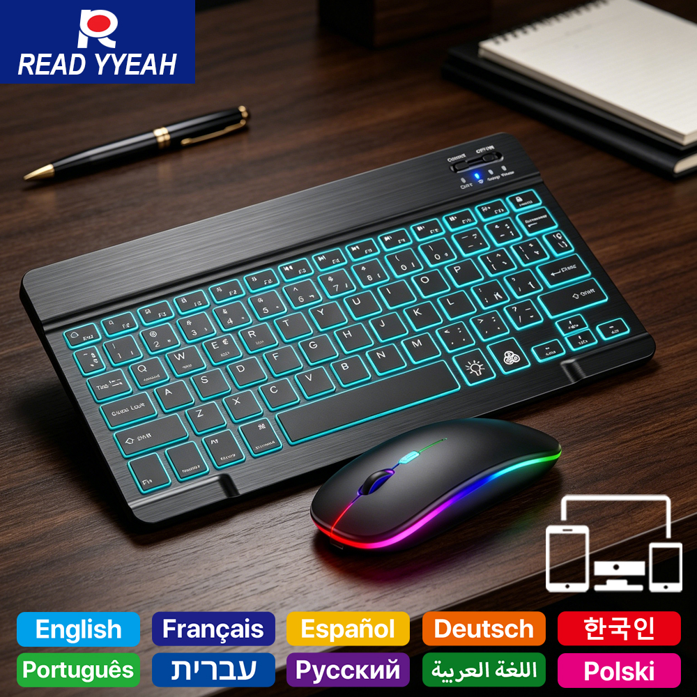 Gaming Keyboard Mini Mechanical - 2026 คีย์บอร์ดบลูทูธแบบมีไฟแบ็คไลท์แบบชาร์จได้พร้อมเมาส์สำหรับแอนดรอยด์ ไอโอเอส วินโดวส์แท็บเล็ตโทรศัพท์คีย์บอร์ดไร้สายภาษาสเปนฮีบรู