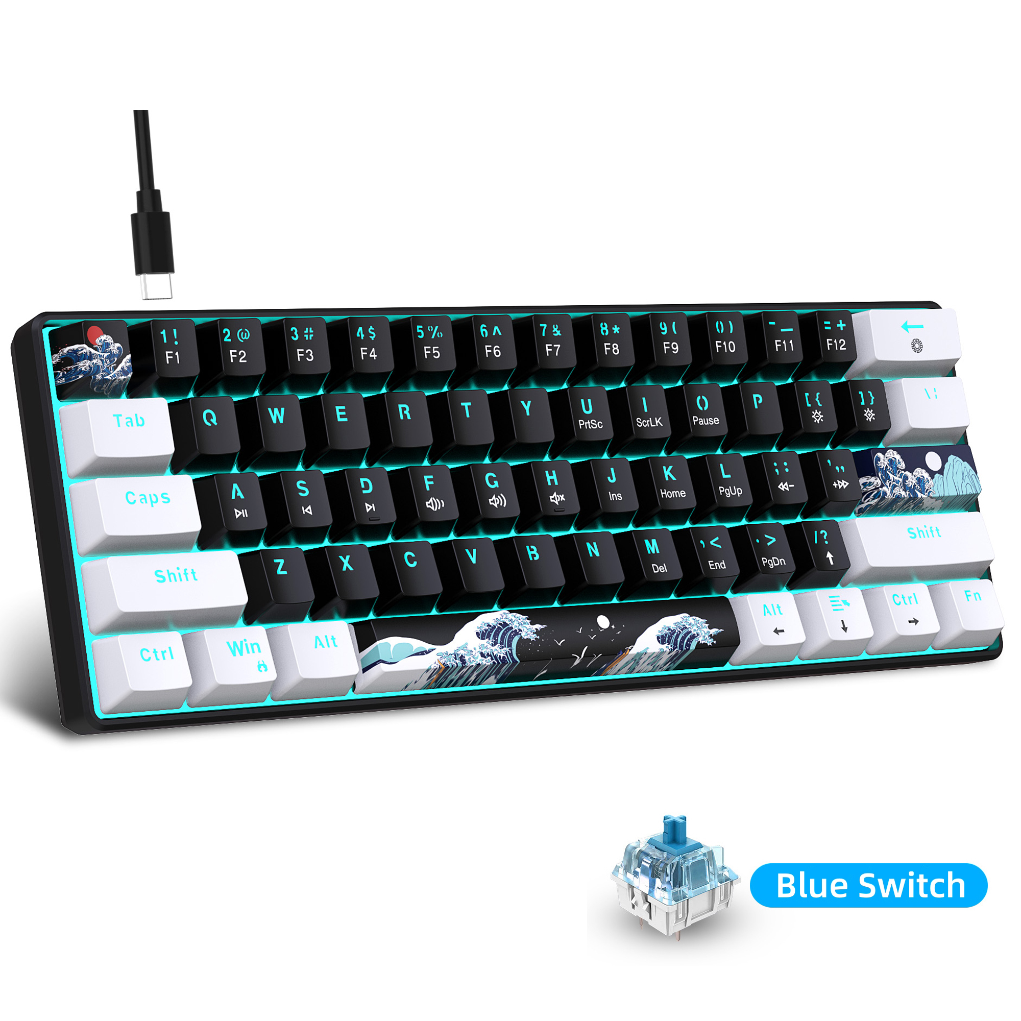 Keyboard Gaming Blue Switch - คีย์บอร์ดเชิงกล 60% คีย์บอร์ดเกมพร้อมสวิตช์สีน้ําเงินและแบ็คไลท์สีน้ําเงินทะเลขนาดเล็กกะทัดรัด