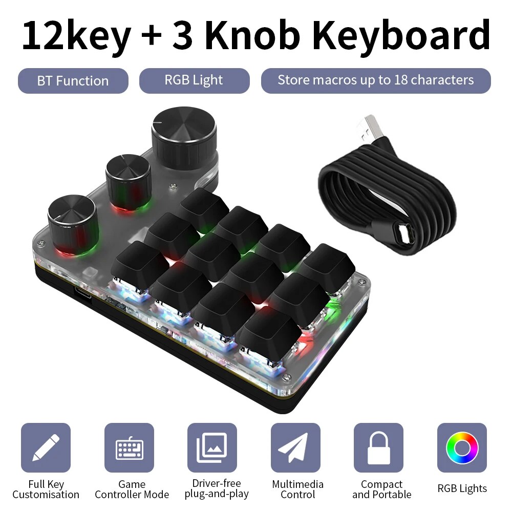 Gaming Keyboard Mini Mechanical - การเขียนโปรแกรมบลูทูธแป้นพิมพ์แมโคร3ลูกบิดแบบกำหนดเองได้แป้นพิมพ์สำหรับเล่นเกม RGB 12คีย์